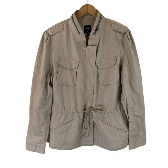 Gap Khaki Full Zipper Jacket XL Drawstring Waist Pockets Linen Blend Beige Tan - Picture 1 of 8